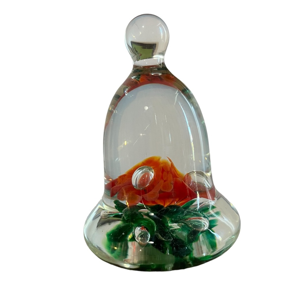 Vintage St. Clair Glass Bell Shaped Paperweight with Red Floral Design
